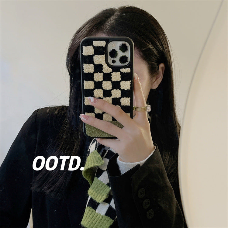 Plush Black Beige Green Plaid Phone Case