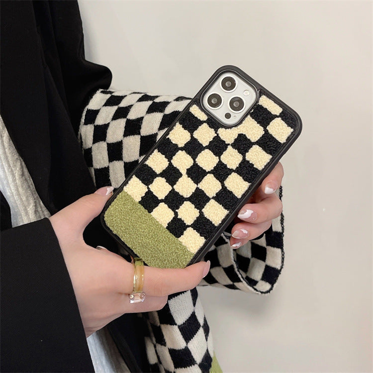 Plush Black Beige Green Plaid Phone Case