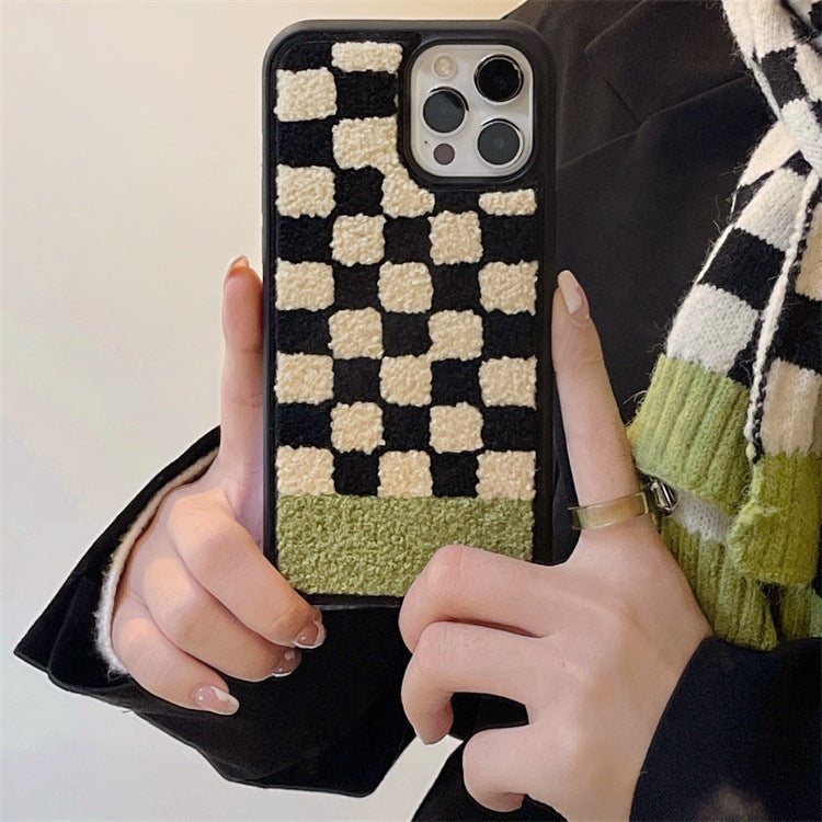 Plush Black Beige Green Plaid Phone Case