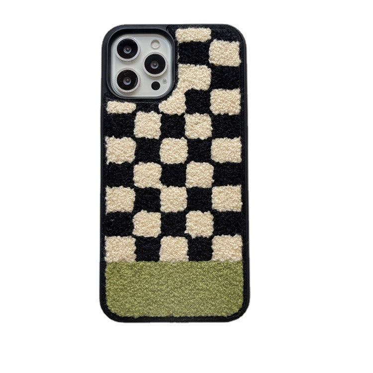 Plush Black Beige Green Plaid Phone Case