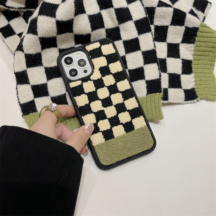 Plush Black Beige Green Plaid Phone Case